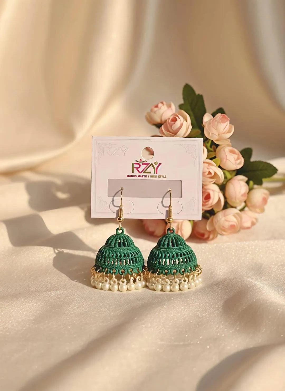 Green Jhumkas Earrings with Pearl Drop & Gold Plated