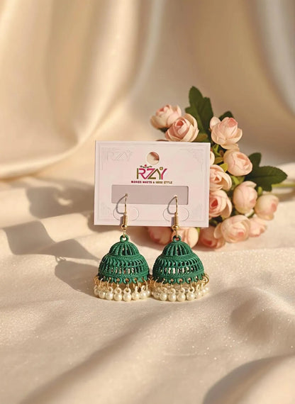 Green Jhumkas Earrings with Pearl Drop & Gold Plated