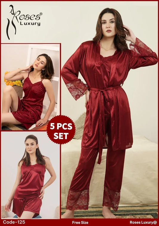 Maroon Silk 5-Piece Nightwear Set for Women