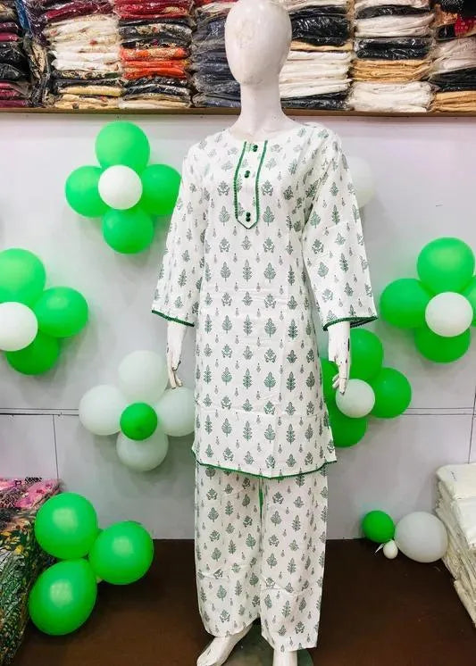 White Printed Arabic Lawn Kurta Set for Women