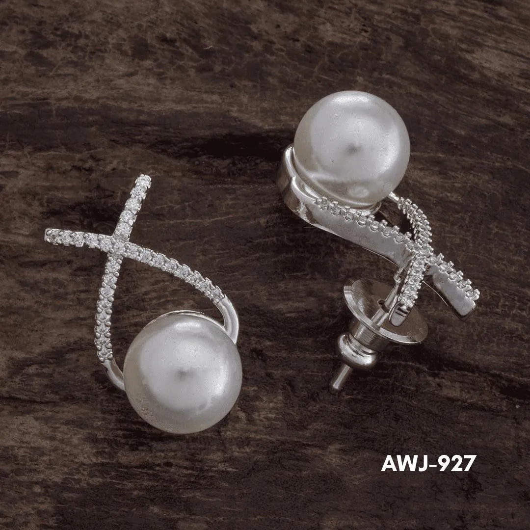 Cross Zircon Pearl Earrings Silver Gold Set