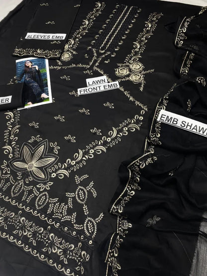 Black Embroidered Lawn Suit 3Pcs Women with Gold Work