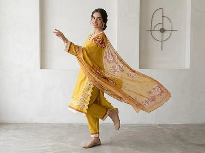 Yellow Embroidered Kurta Pajama Set with Shawl