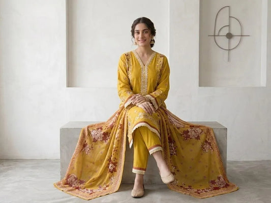 Yellow Embroidered Kurta Pajama Set with Shawl