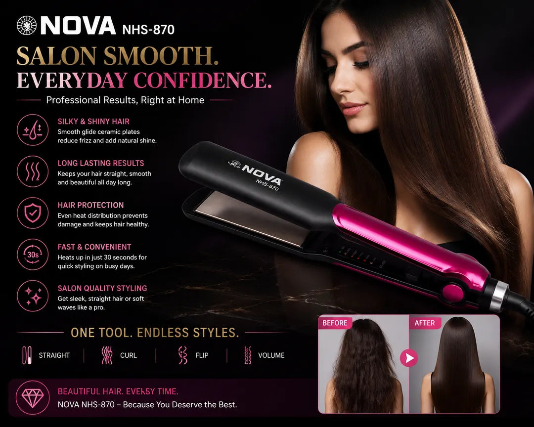 NOVA NHS-870 Professional Hair Straightener | Adjustable Temperature Control | Ceramic Coated Plates | Fast Heating Hair Styling Tool