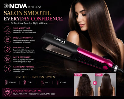 NOVA NHS-870 Professional Hair Straightener | Adjustable Temperature Control | Ceramic Coated Plates | Fast Heating Hair Styling Tool