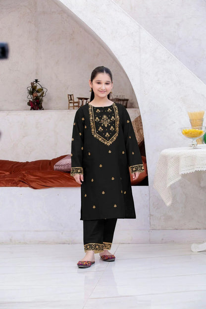 Black Linen Embroidered Kurta Trouser Set for Girls 7-12Yrs