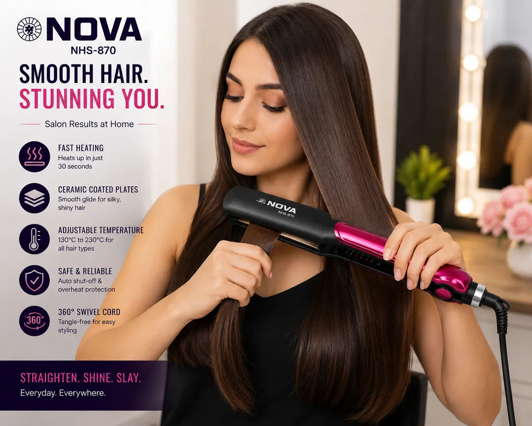 NOVA NHS-870 Professional Hair Straightener | Adjustable Temperature Control | Ceramic Coated Plates | Fast Heating Hair Styling Tool