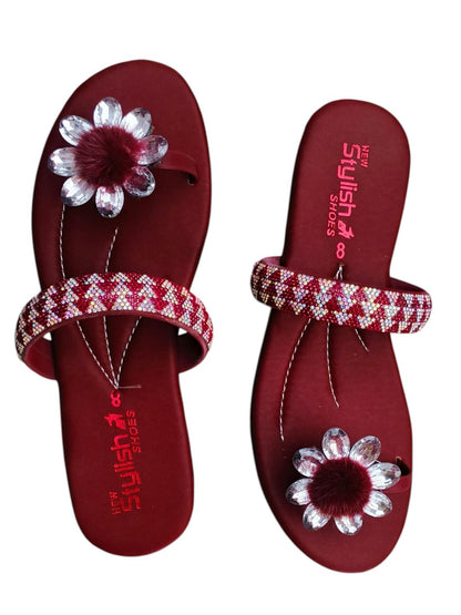 Maroon Satin Sandals with Gemstone Strap & Crystal Flower Accent