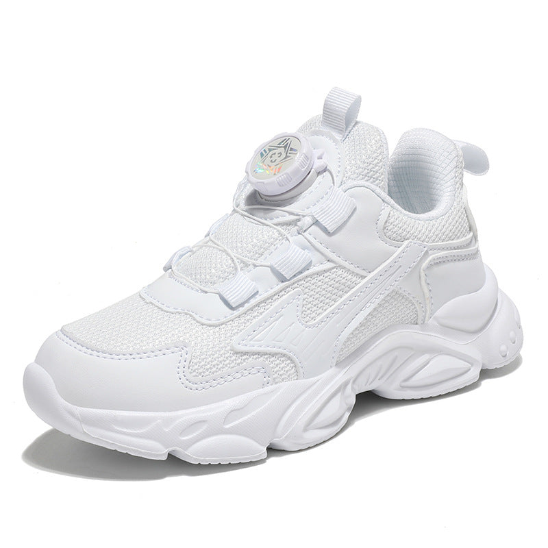 Kids Rotating Button Sneakers White Black Comfortable School Sports
