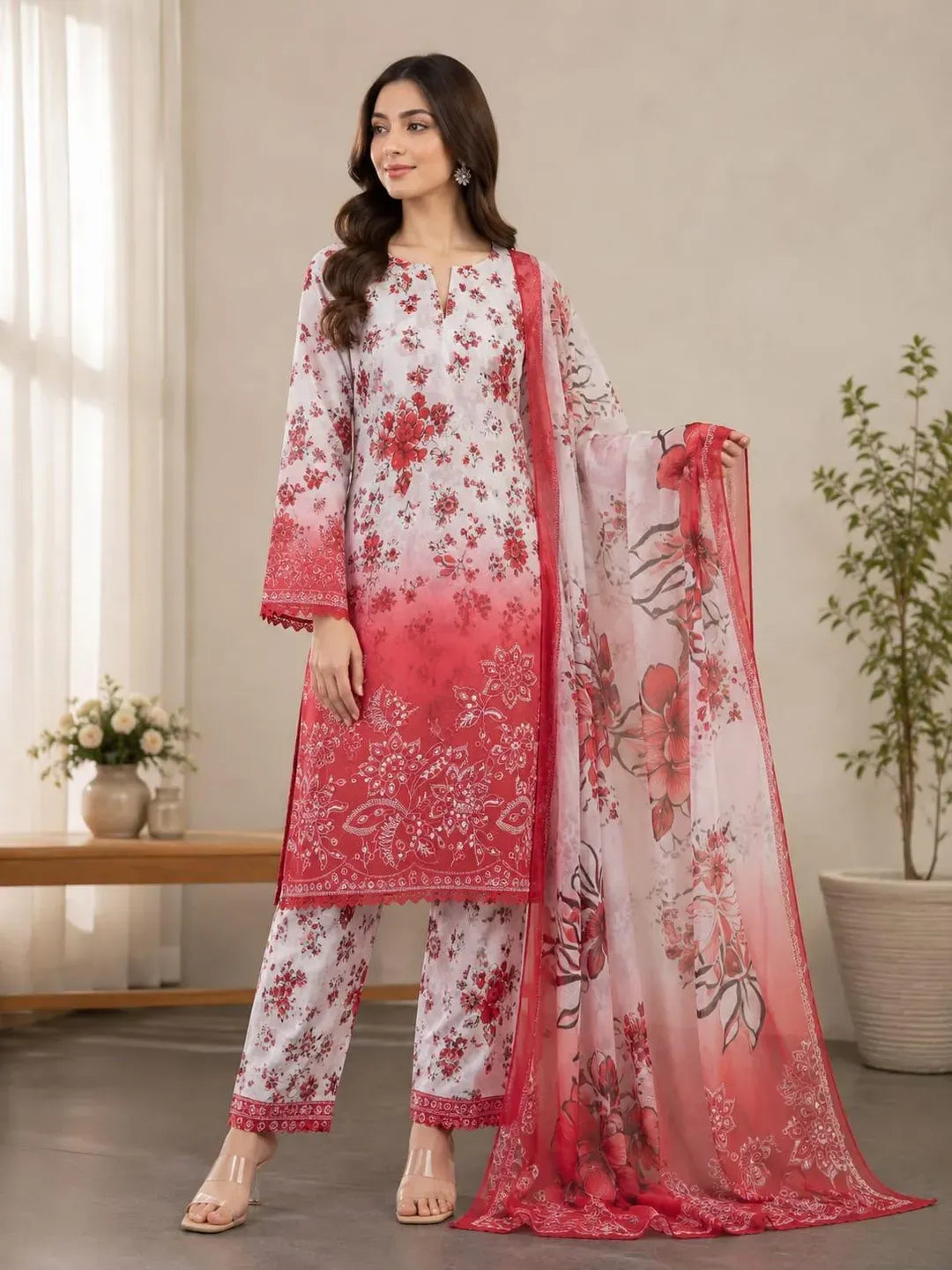 Red Printed Lawn 3Pcs Women Suit Set