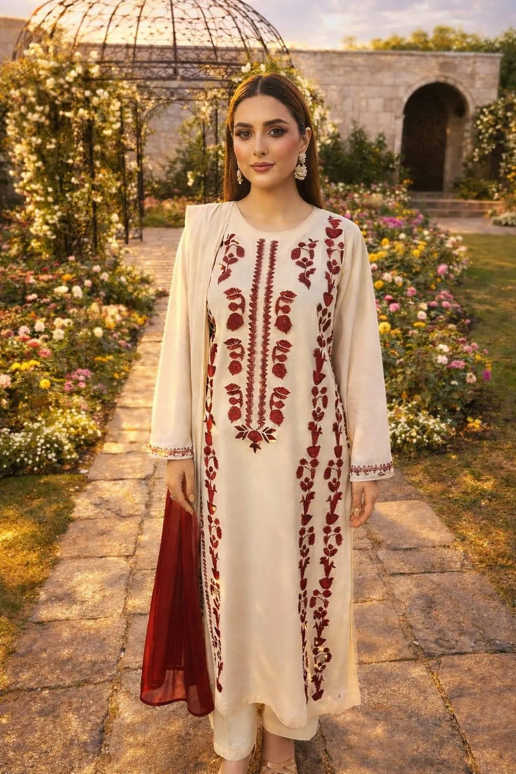 Unstitched 3-Piece Lawn Suit Red Floral Embroidery for Weddings Eid