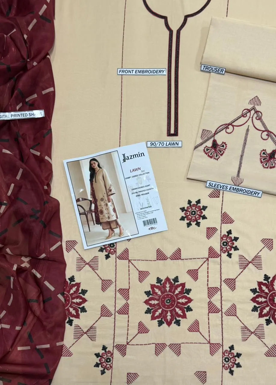 Beige Embroidered Lawn 3Pcs Set with Dupatta