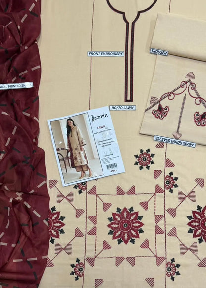 Beige Embroidered Lawn 3Pcs Set with Dupatta