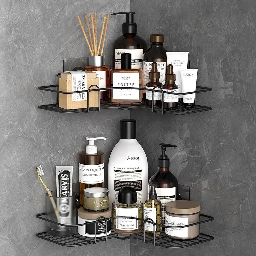 Corner Bathroom Shelf Stainless Steel Black No Drill