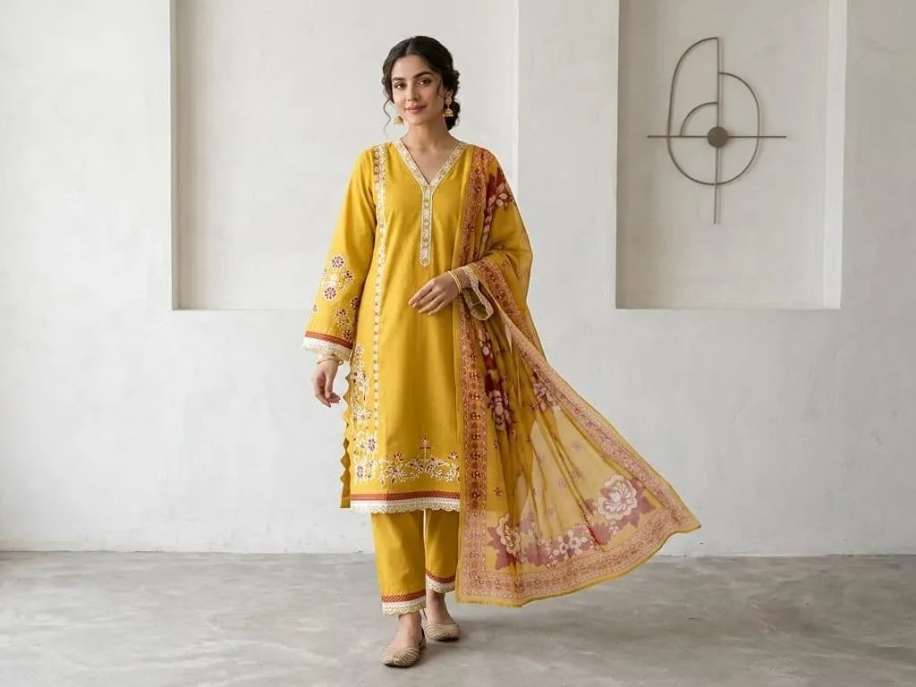 Yellow Embroidered Kurta Pajama Set with Shawl