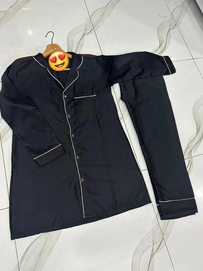 Black Silk Night Suit with White Piping for Women