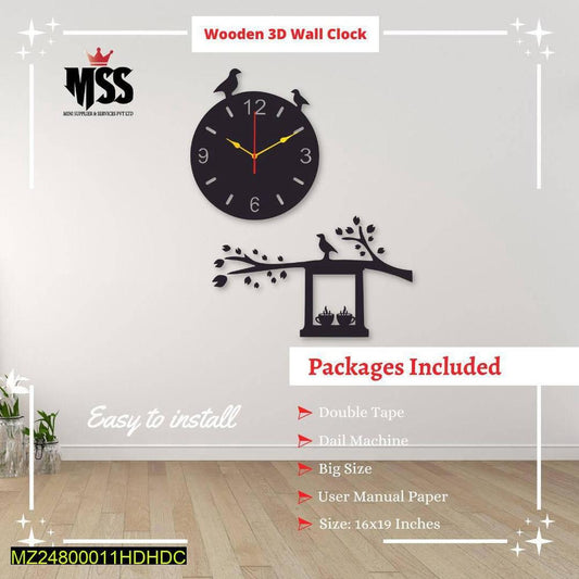 3D Wall Clock Black Bird Design Large 16x19 Inch