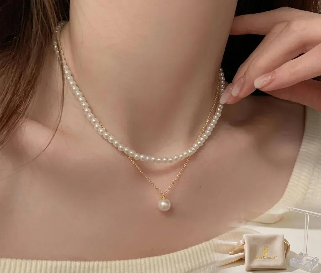 Double Layer Pearl & Gold Plated Necklace for Women 40cm
