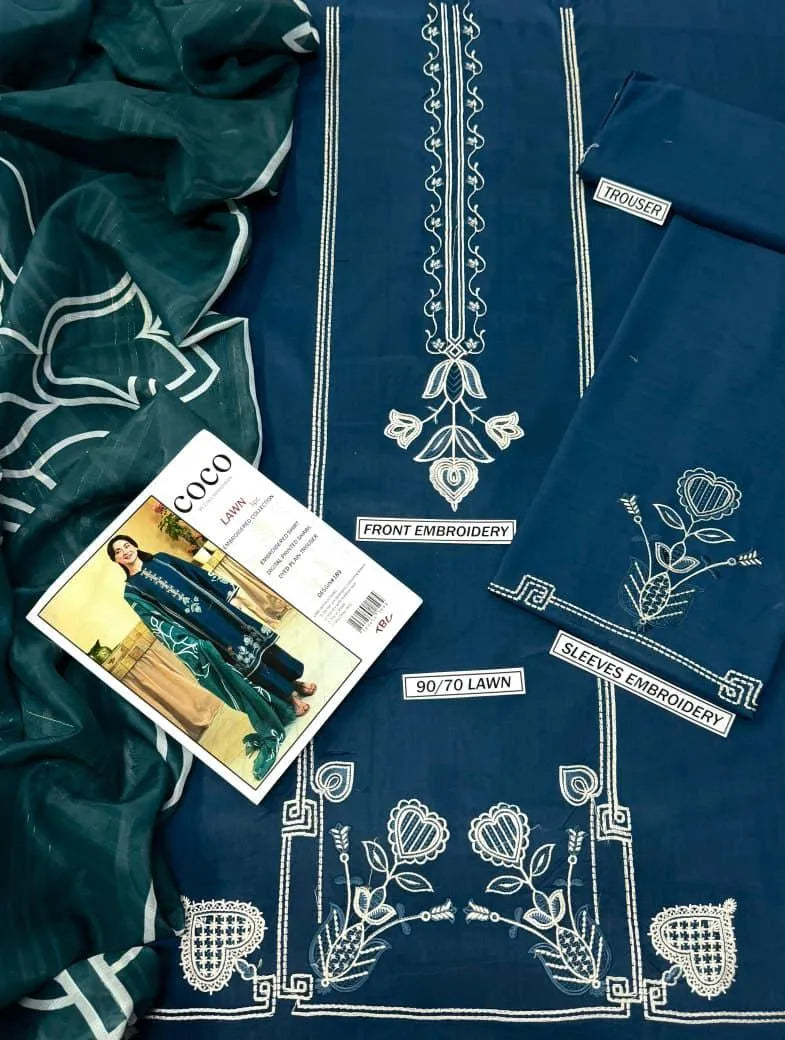 3-Piece Embroidered Lawn Suit Blue Green for Women