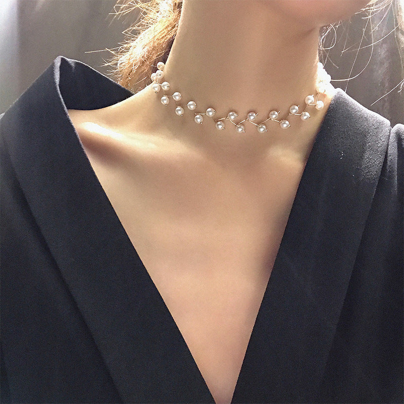 Pearl Choker Necklace for Women Korean Style Silver White Bead