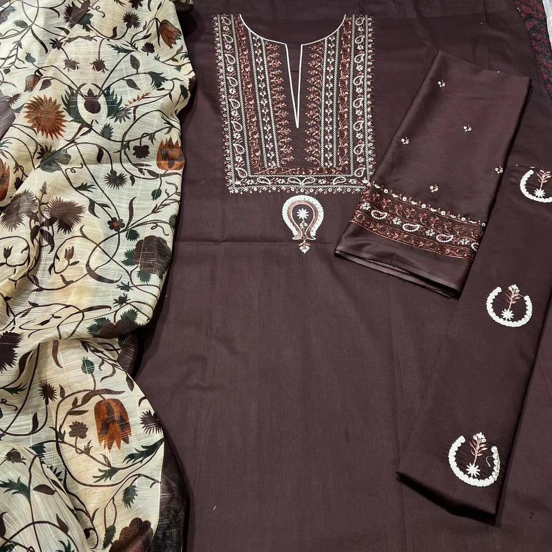 3pc Embroidered Lawn Suit Brown Floral Dupatta