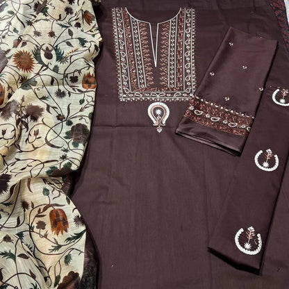3pc Embroidered Lawn Suit Brown Floral Dupatta