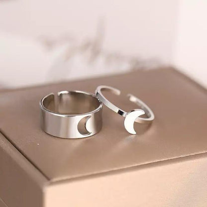 Silver Moon Rings Set of 2 Adjustable Alloy