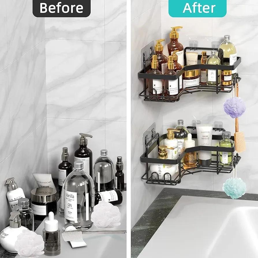 Corner Bathroom Shelf Stainless Steel Black No Drill