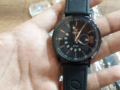 Men's Black PU Leather Watch with Date Function