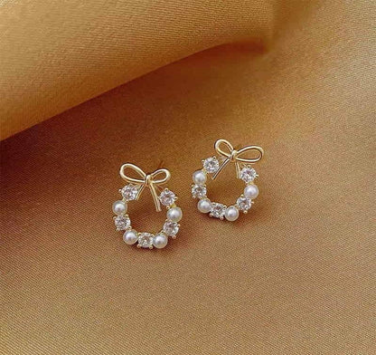 Golden Bow Earrings with Crystals & Pearls for Women