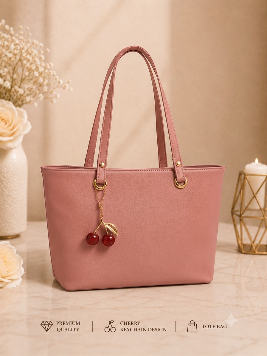 Cherry Charm Women's Tote Bag with Dual Zip Compartments, Back Pocket & Inner Pocket