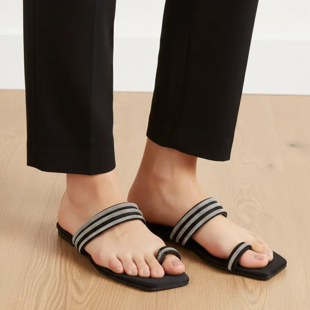 Women's Black Rexine Strap Sandals Casual Formal