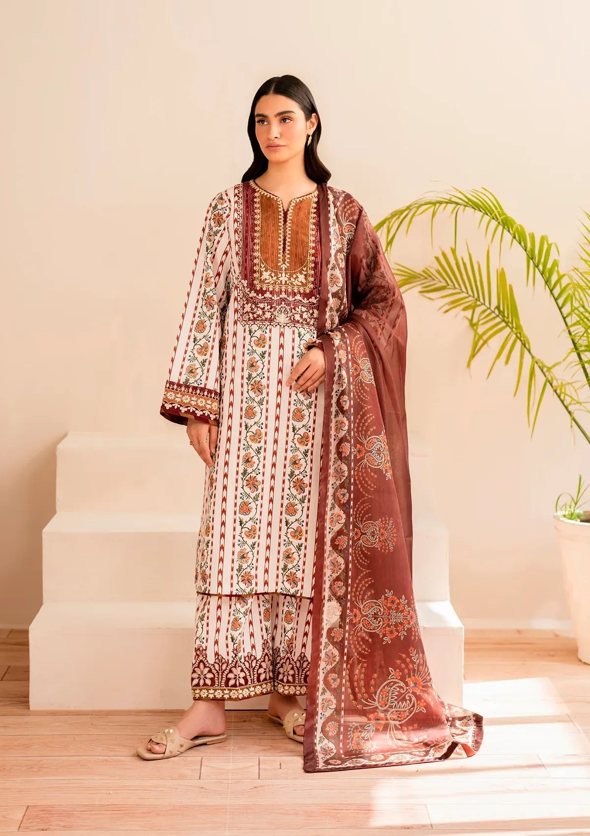 Xenia Dessert Rose Embroidery 3 Piece Lawn Dress