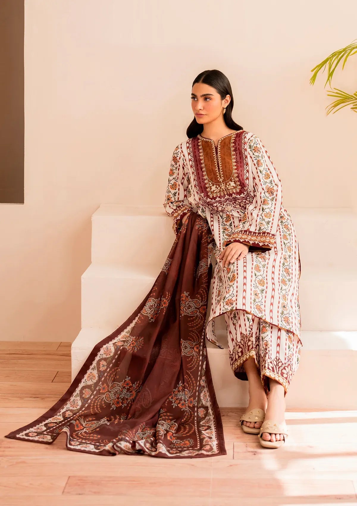Xenia Dessert Rose Embroidery 3 Piece Lawn Dress