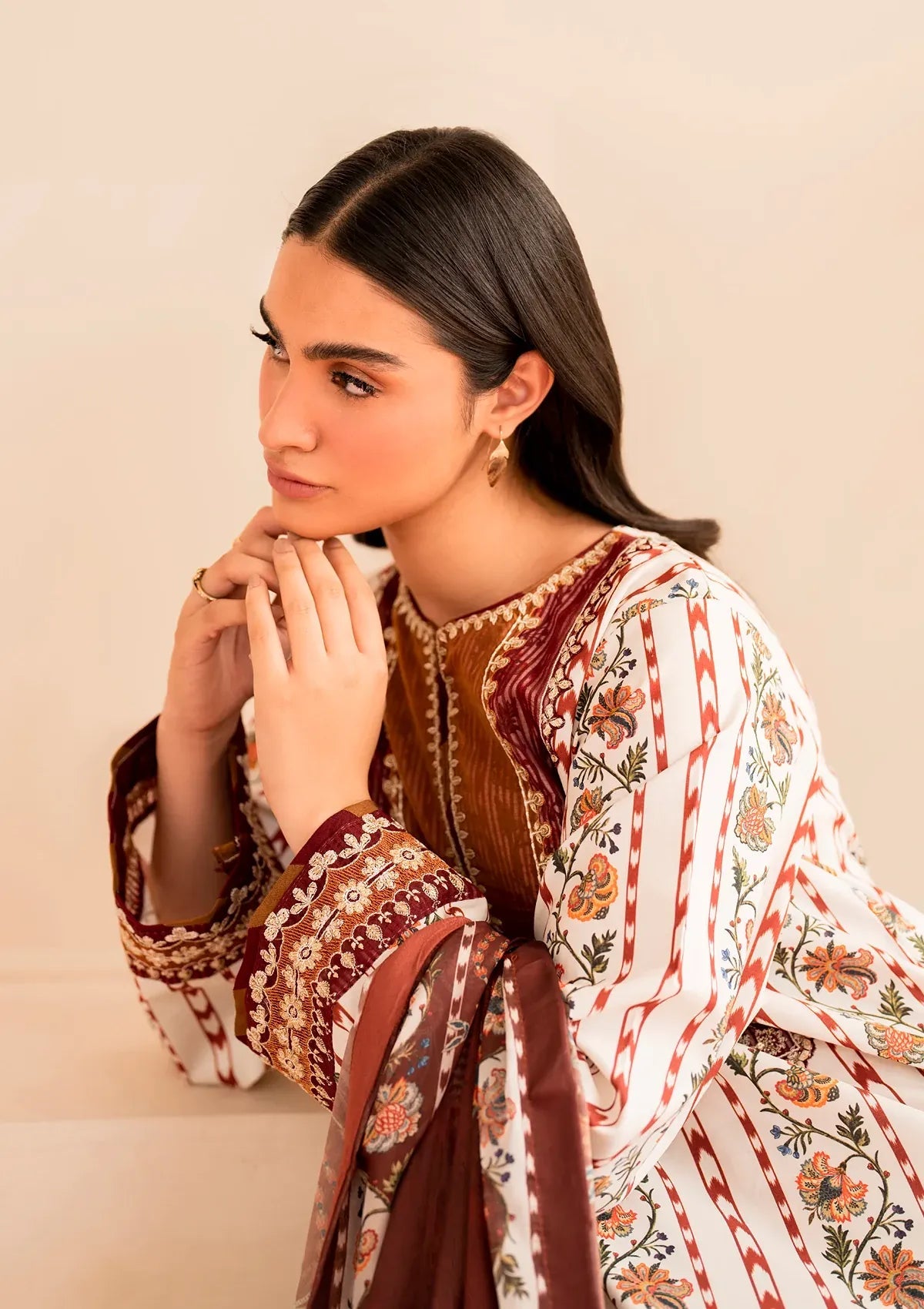 Xenia Dessert Rose Embroidery 3 Piece Lawn Dress