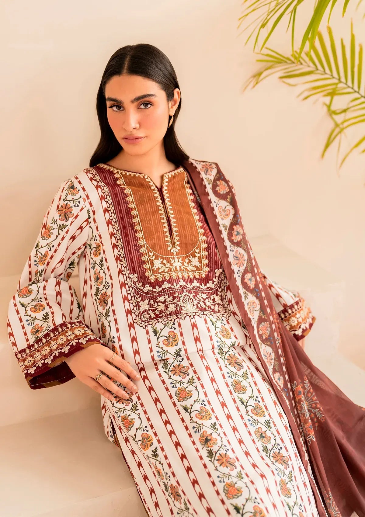Xenia Dessert Rose Embroidery 3 Piece Lawn Dress