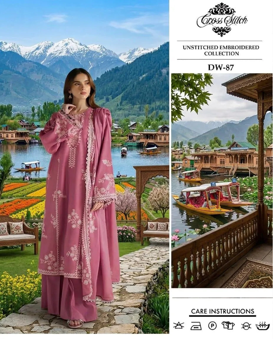 Pink Embroidered Lawn 3Pcs Set with Printed Dupatta