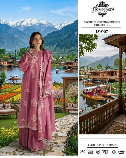Pink Embroidered Lawn 3Pcs Set with Printed Dupatta