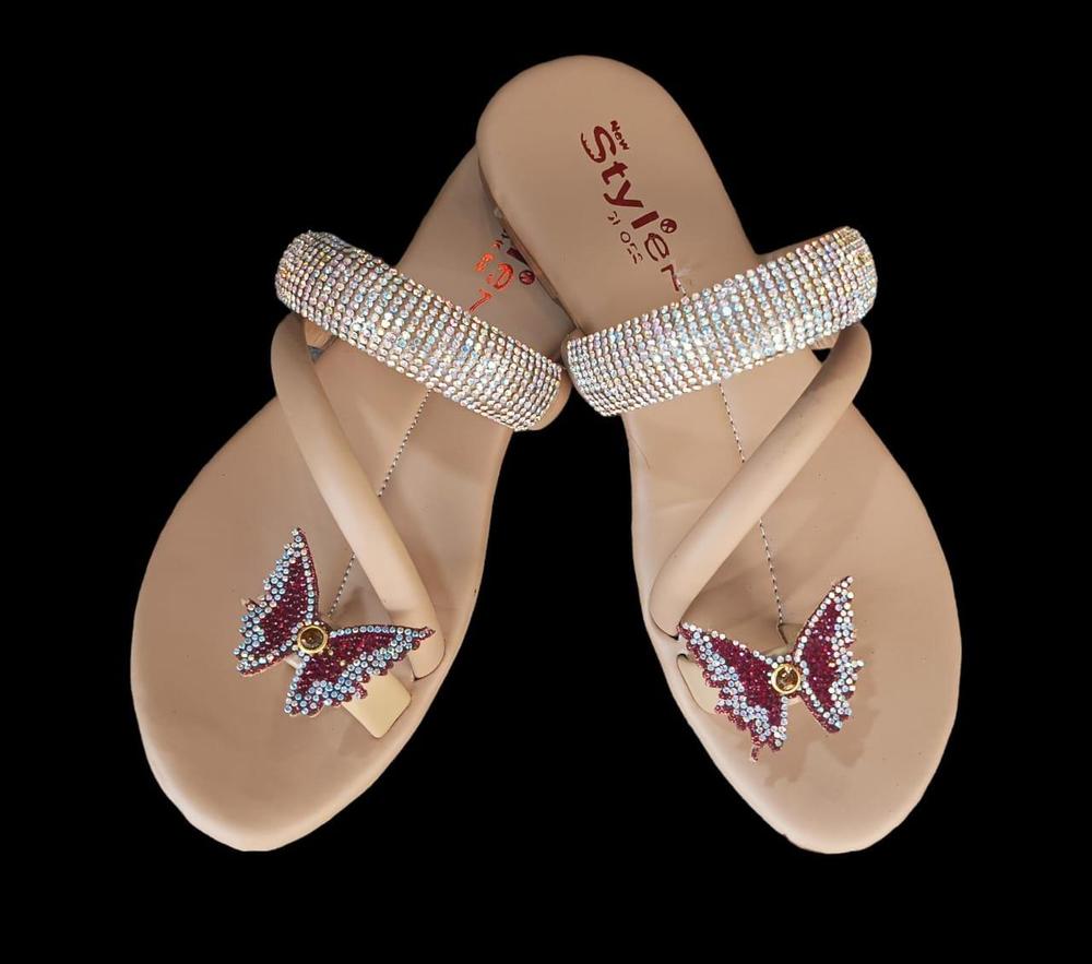 Women's Butterfly Rhinestone Chappals Beige