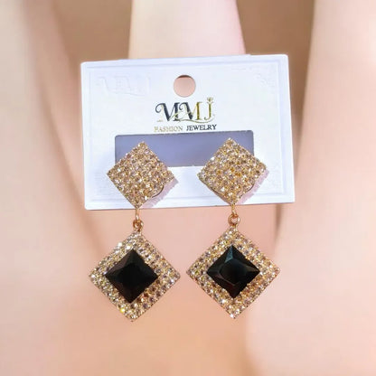 Golden Crystal Square Earrings for Women