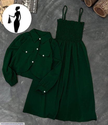 Green Linen 2Pcs Frock & Jacket Set
