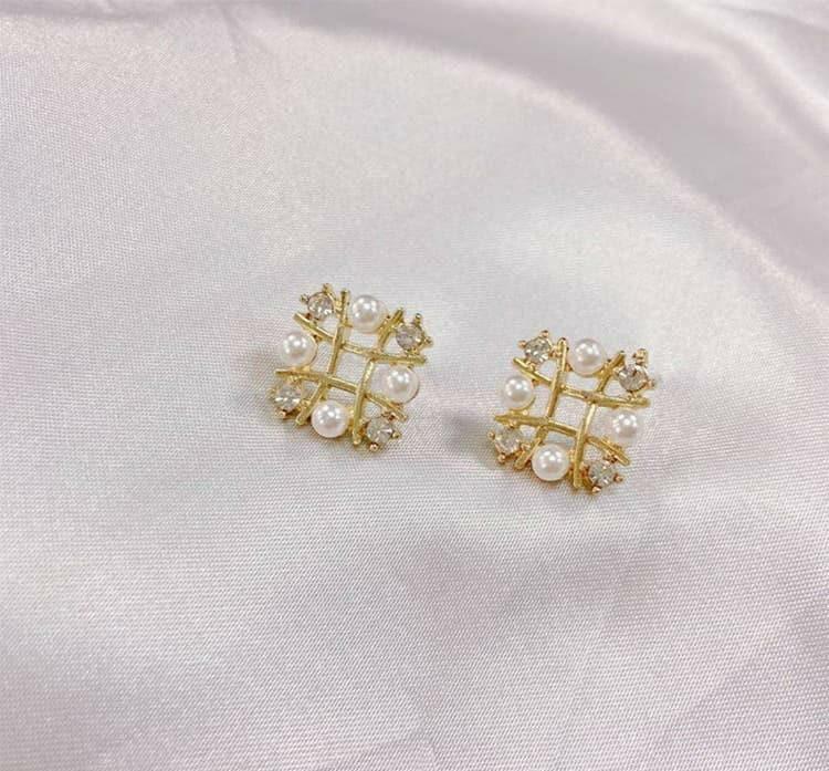 Square Pearl Earrings with Golden Plating & Pearls
