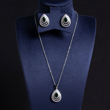 Multi-Layer Hollow Water Drop Earrings Necklace Set Red Stones