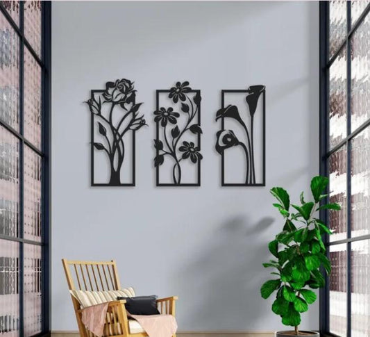 Modern Abstract Floral Wall Art Set Black MDF 12x22"