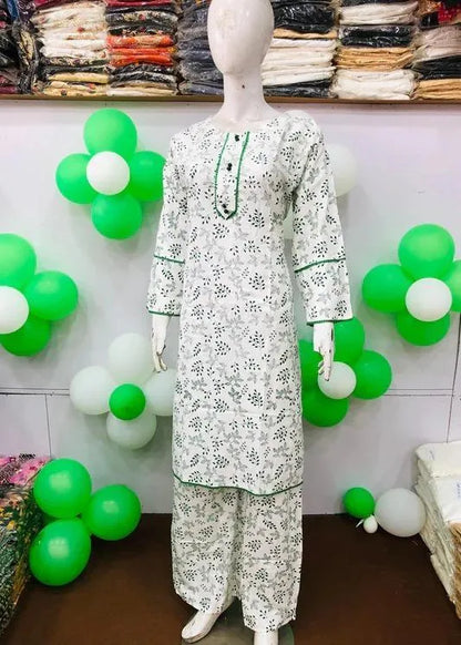 Pakistani Printed Lawn Suit White Green Long Sleeve