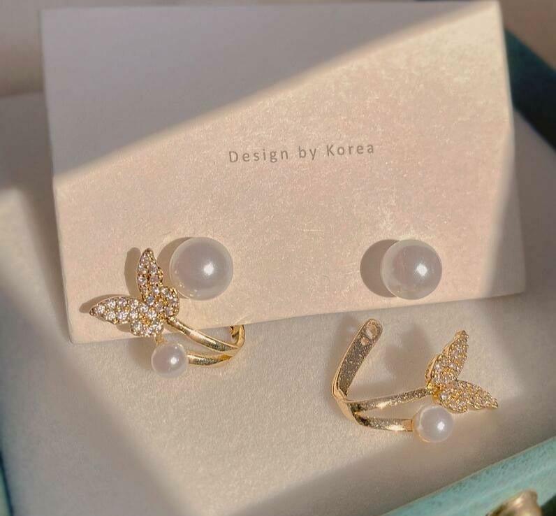 Golden Butterfly Earrings for Women with Pearl Accents
