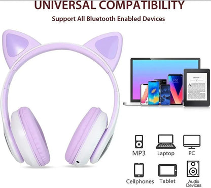 Cat Ear Bluetooth Headphones Pink with LED Lights