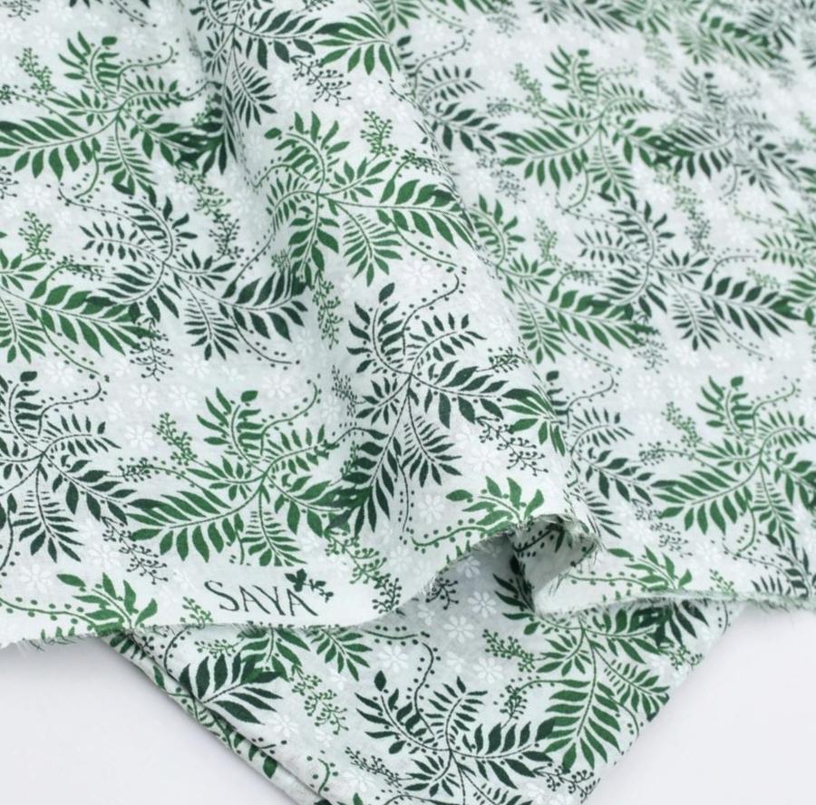 Green White Leaf Printed Lawn Fabric 2 Pc