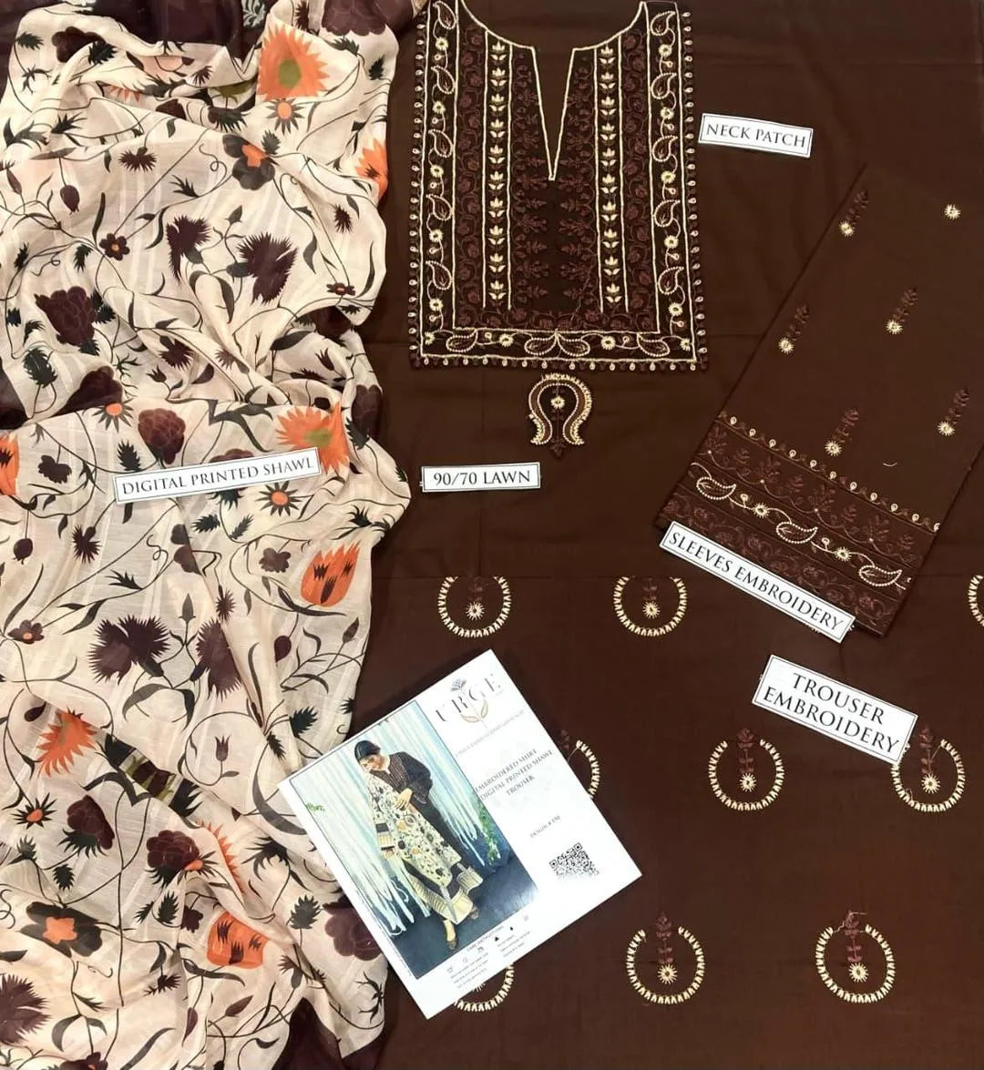 Brown Embroidered 3-Piece Lawn Suit for Women